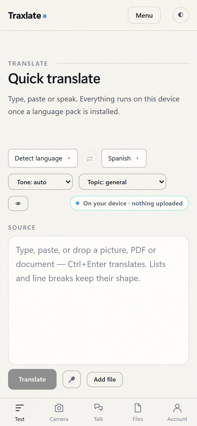 The Quick translate screen on a phone: the same language controls and the same on-device badge as the desktop version.