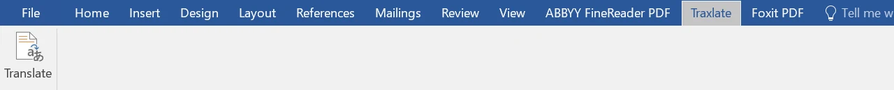 The Traxlate tab in Word's ribbon, beside the other add-ins, with a Translate button.